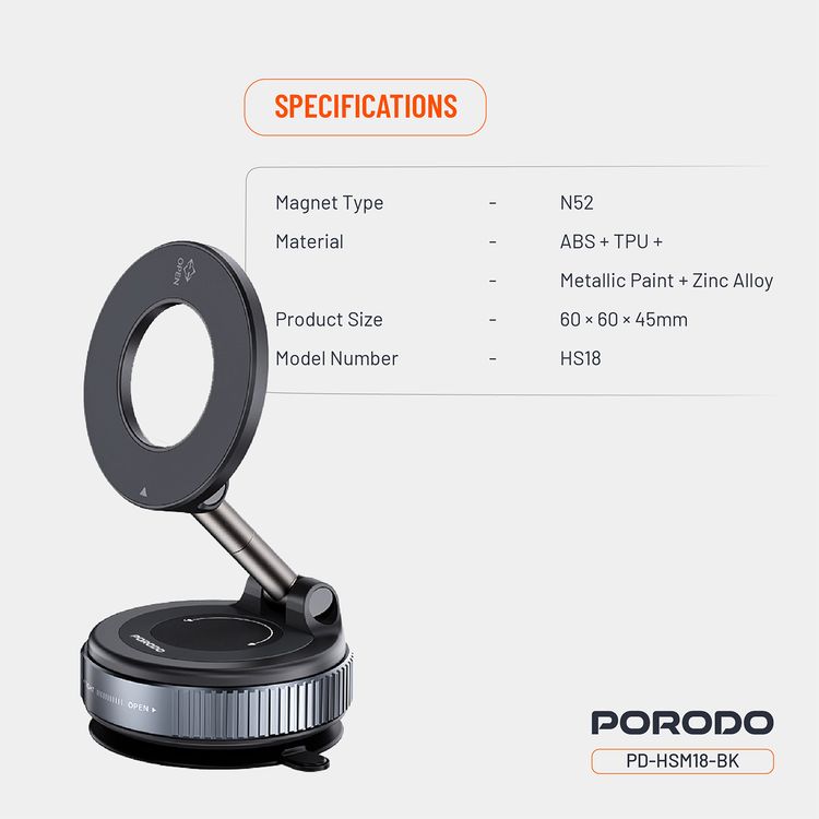 Porodo Vacuseal Rotate-Lock MagSafe Mount with N52 Magnets, Adjustable Viewing Angle, One-Hand Operation, Strong Suction, Horizontal & Vertical Modes - Black