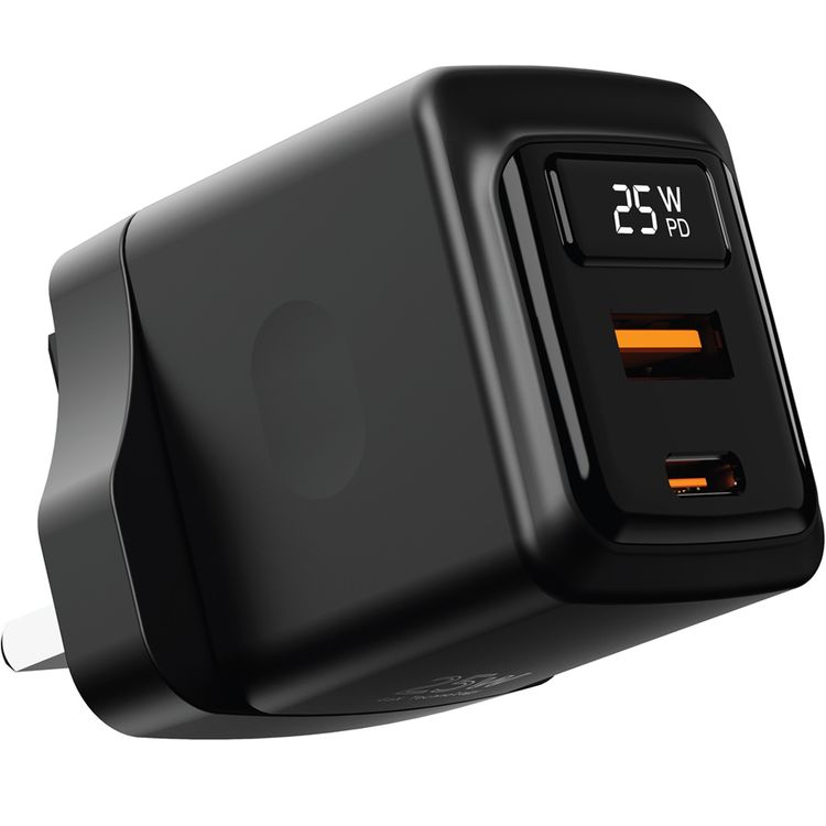 Porodo GaN Wall Charger with USB-C to USB-C Cable, 1m Cable Length, USB-A & USB-C Ports, 25W Power Delivery, Built-in Safeguards, Fast Charge Support, Multiple Device Charging, Digital Display - Black