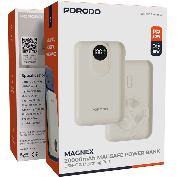 Porodo MAGNEX 20000mAh MagSafe Power Bank with PD 20W, Universal Compatibility, 15W Wireless Charging, Charging, USB-C & Lightning Input/Output - White 