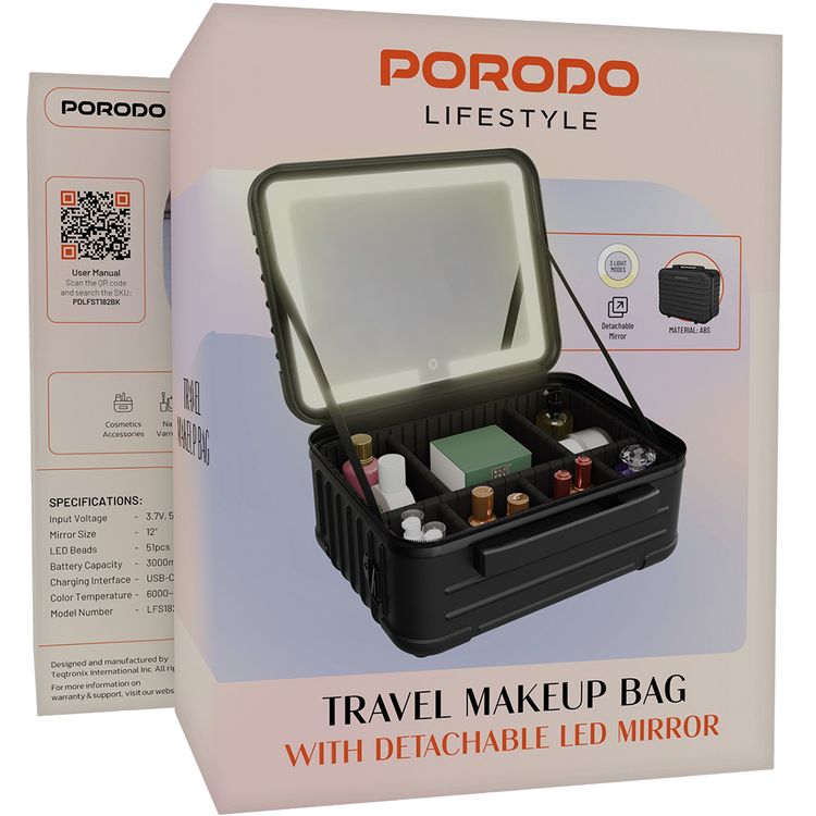 Porodo Lifestyle Travel Makeup Bag with Detachable 12-inch LED Mirror, 3 Light Modes, Multiple Compartments, 51 LED Beads, 3000mAh Battery Capacity, 6000~6500K Color Temperature, USB-C Charging Interface, ABS Material - Black