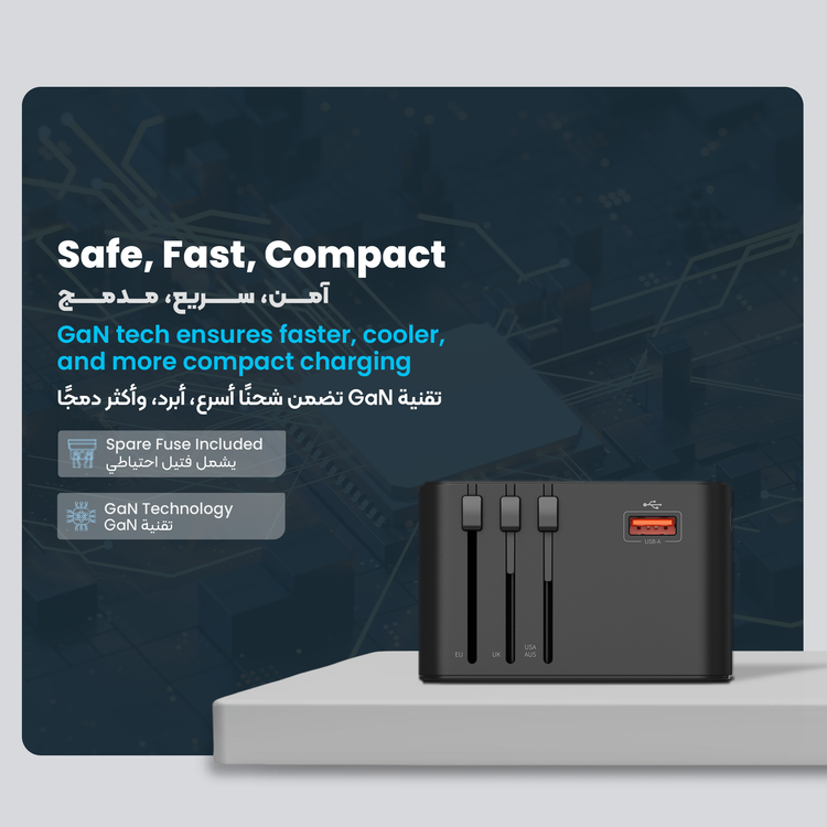 Powerology GaN 75W Universal Charger with 4 Ports Fast Charging, PD 70W, Laptop Charger, GaN Technology, Real-Time Power Display, +150 Countries Compatible, AC Sockets, Fuse Protector - Black