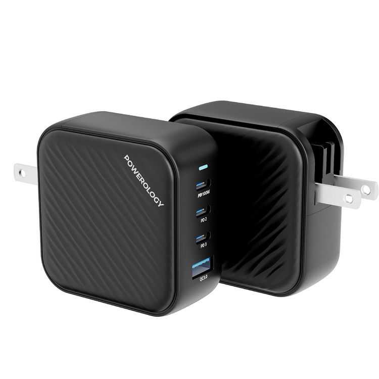 Powerology 100W Triple PD GaN Charger with EU & UK Plug, 3 USB-C Ports & USB-A Port, Built-in Safeguard, Multi Device Charging, Fast Charge, Laptop Charger - Black