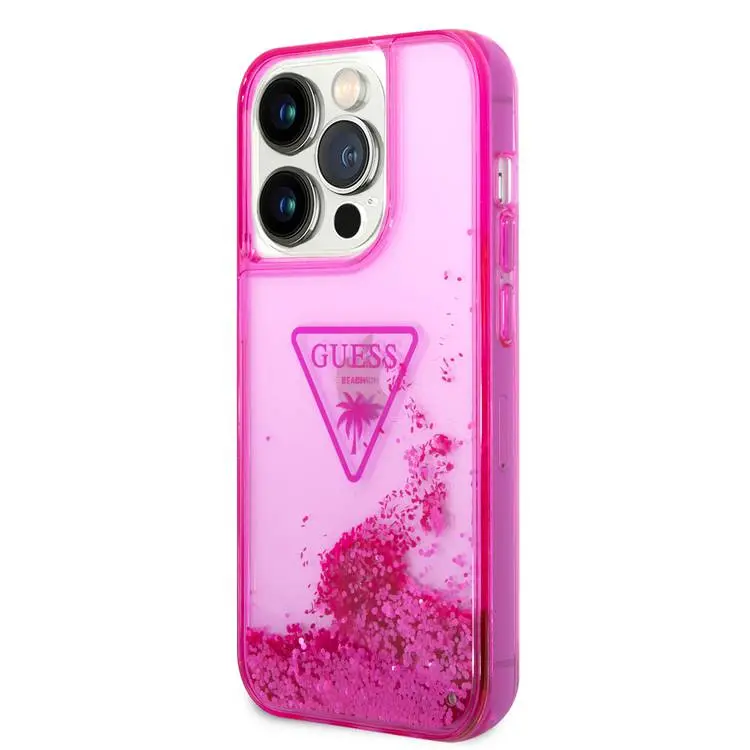 Guess Liquid Glitter Case with Triangle  Translucent Logo - Fuchsia - iPhone 15 Pro