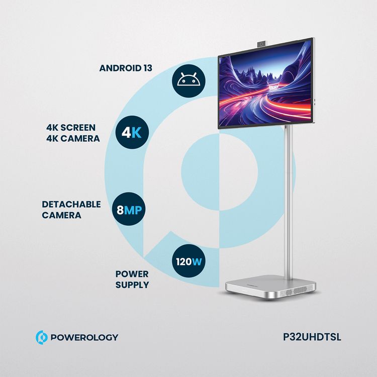 Powerology 32" Google 4K Screen with 4K Camera, 8GB RAM, 128GB Memory, 9800mAh Battery, 16.7M Colors, Android 13, 4 Hours Working Time, Dual 10W Speakers, 2.5 Hours Charging Time - Silver