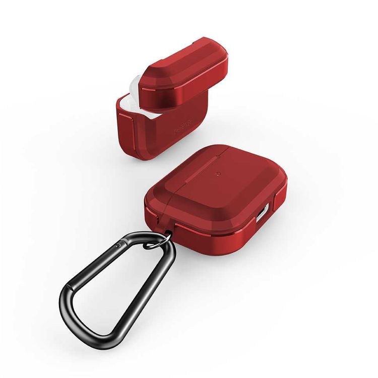 X-Doria Defense Trek Aluminum Bumper Case with Anti-Lost Carabiner & Loop Compatible for AirPods Pro - Sleek Design Cover - 360 Degree Protection - Charging Light Visible - Red