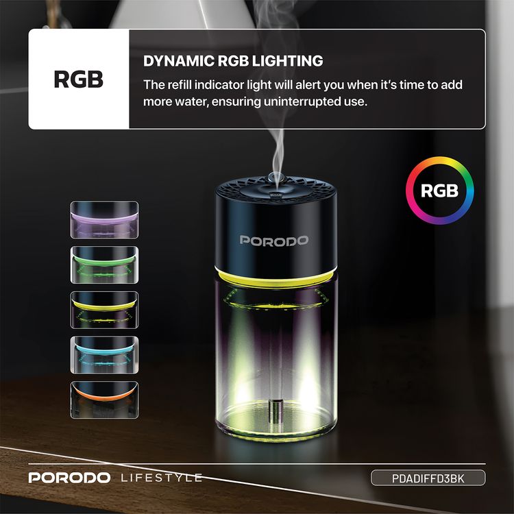 Porodo Valencia Smart Aroma Diffuse with Ambient Lighting, 120mL Bottle Capacity, 300mAh Battery Capacity, Type-C Charging Port, Smart Sensor, 5 Spray Modes - Black