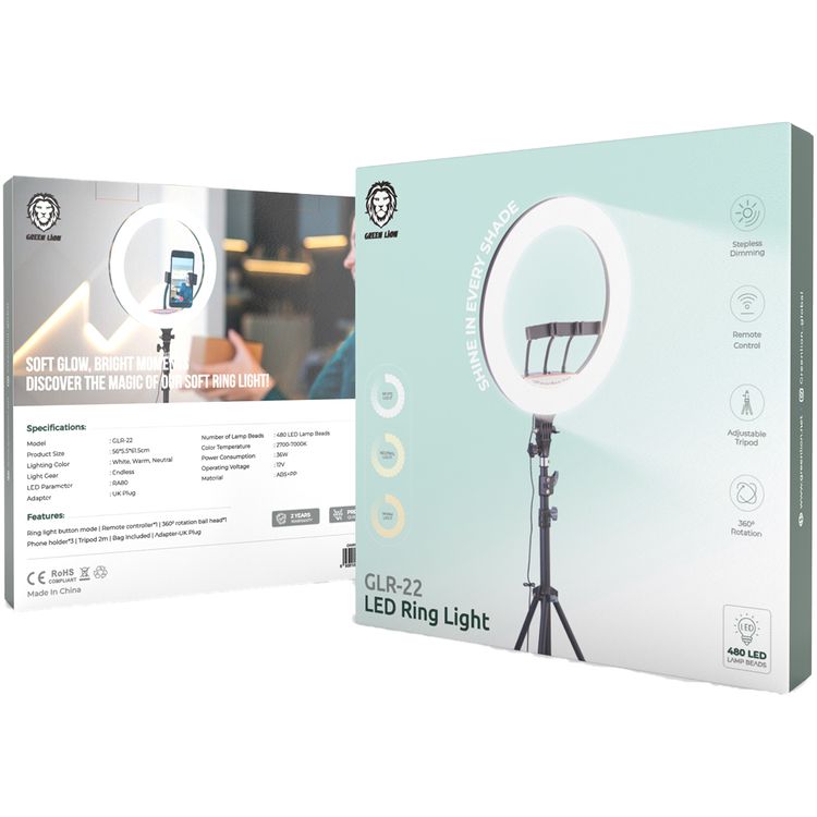 Green Lion GLR-22 LED Ring Light with Remote Control, Stepless Dimming, 360° Rotation, Adjustable Tripod, 480 LED Lamp Beads, Endless Light Gear - Black
