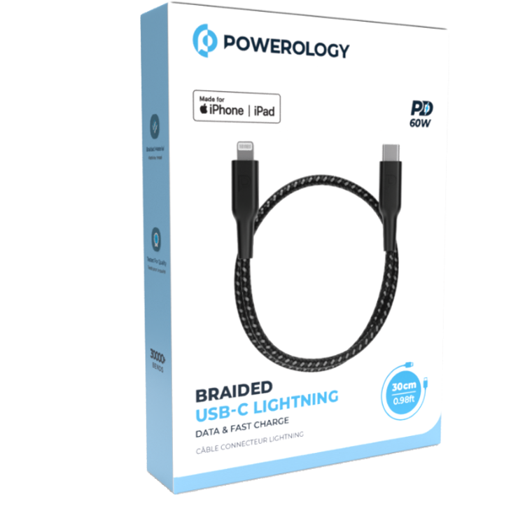 Powerology USB-C to Lightning 30Cm/0.98ft Braided Cable, PD 60W, MFI Certificated, more than 30000 Bends Lifespan - Black