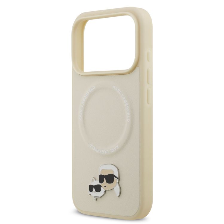 كفر كارل لاغرفيلد من الجلد الصناعي مع دبابيس على شكل رأس كارل وشوبيتي لهاتف آيفون 17 برو ماكس، متوافق مع MagSafe، ذو تصميم نحيف، يوفر حماية من الصدمات، بمسكة مريحة، بعبوة مستدامة، وسهل التركيب، وخفيف الوزن - بيج