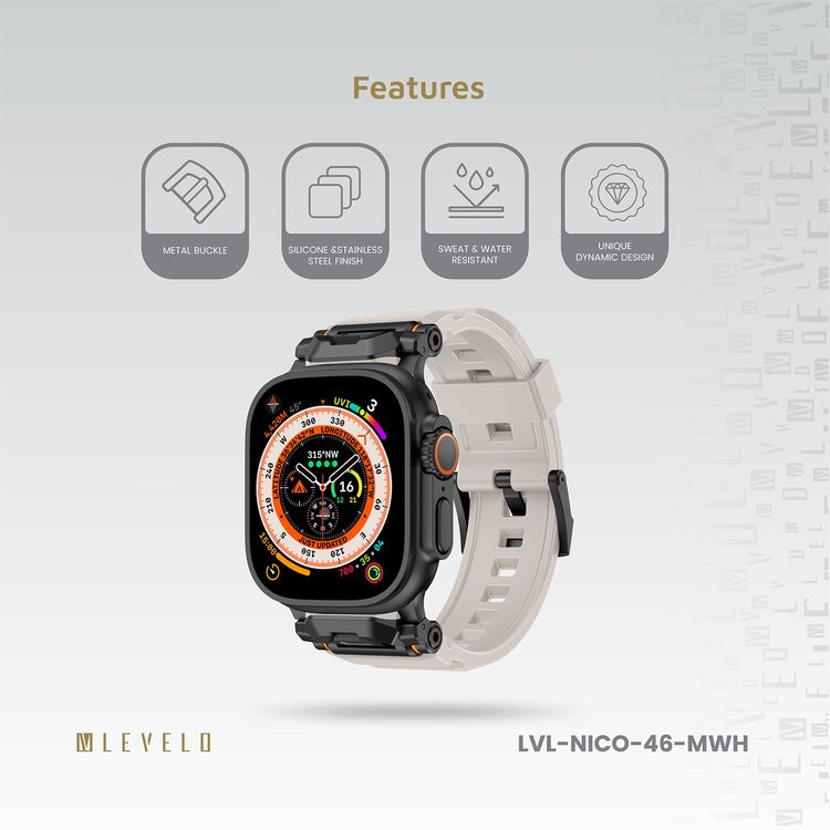 Levelo Nico Watch Strap for Apple Watch 49/46mm with Metal Buckle Closure, Compatible with SE Series 9, 8, 7, 6, 5, Silicone & Stainless Steel Finish, Lightweight & Flexible Fit, Sweat-Resistant & Water-Resistant, Hypoallergenic Material, Extended Band Interaction - Moonlight White