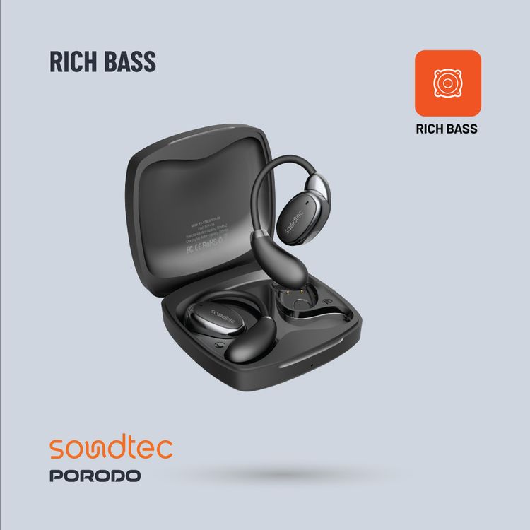 Porodo Soundtec Aero Tune Earbuds with  Touch Controls, HiFi Stereo, Crisp Microphone, Rich Bass, Up to 10m Transmission Range, Compact and Lightweight Design - Black