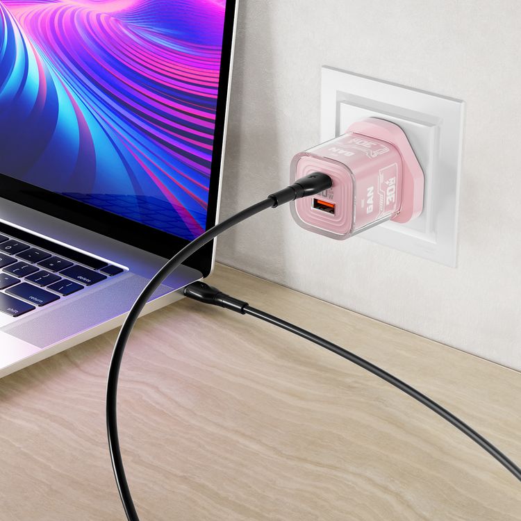 Porodo TEZCLARTÉ Quick Wall Charger with Dual Port Fast Charging, Flame Retardant Housing, Transparent Design, PD 30W USB-C Output, QC 20W USB-A Output - Pink