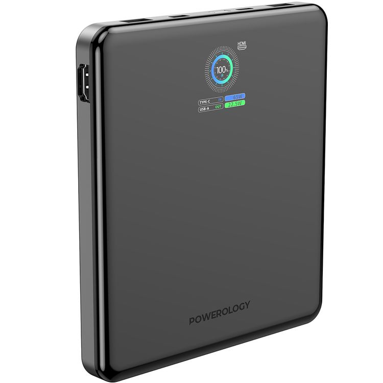 Powerology VoltStream 20000mAh Power Bank with Smart Power Display, HDMI Port, Dual USB-C & Dual USB-A Ports, 100W Power Delivery, USB-C to USB-C Cable Included, Fast Charge, Portable & Compact Design - Black