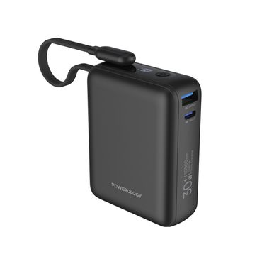 باور بانك باورولوجي مونتريال بسعة 10000 مللي أمبير/ساعة مع كابل من النوع C، PD 30 واط، QC 18 واط، منافذ USB-A وUSB-C، شحن سريع، حماية مدمجة، لوحة عرض - أسود