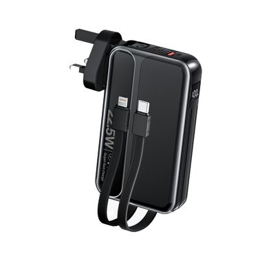 Green Lion Charge Mate Power Bank 10000mAh PD 22.5W, AC Power Input, Built-in Cables, Digital Display, US Plug, EU Plug, UK Plug, UK Plug - Black