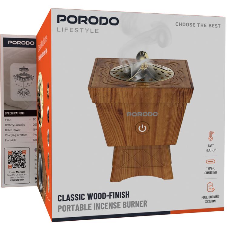 Porodo Classic Wood-Finish Portable Incense Burner with Auto-Off Safety Features, 18W Rated Power, 17 Full Sessions per Full Charge, Wide Area Coverage, 2000mAh Battery, Whisper-Quiet Operation, Fast Heat-Up - Brown