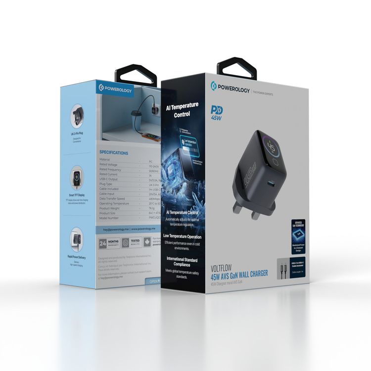 Powerology Voltflow 45W AVS GaN Wall Charger with 1m USB-C to USB-C Cable, 480Mbps Data Transfer Speed,  25°C to 50°C Operating Temperature, 110-240V Rated Voltage, Smart TFT Display, Rapid Power Delivery, PC Material - Gray