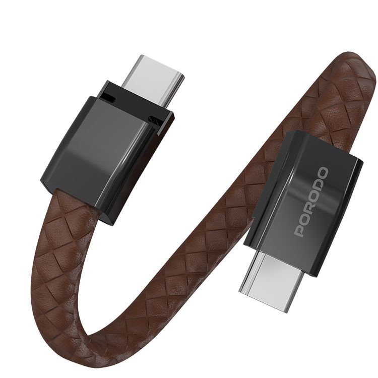 Porodo USB-C to USB-C Wristband Cable with Magnetic Steel Clasp, 60W Power Delivery, 480Mbps Data Transfer Speed, Wearable Design, 20cm Cable Length, PU Leather & Zinc Alloy Material - Brown