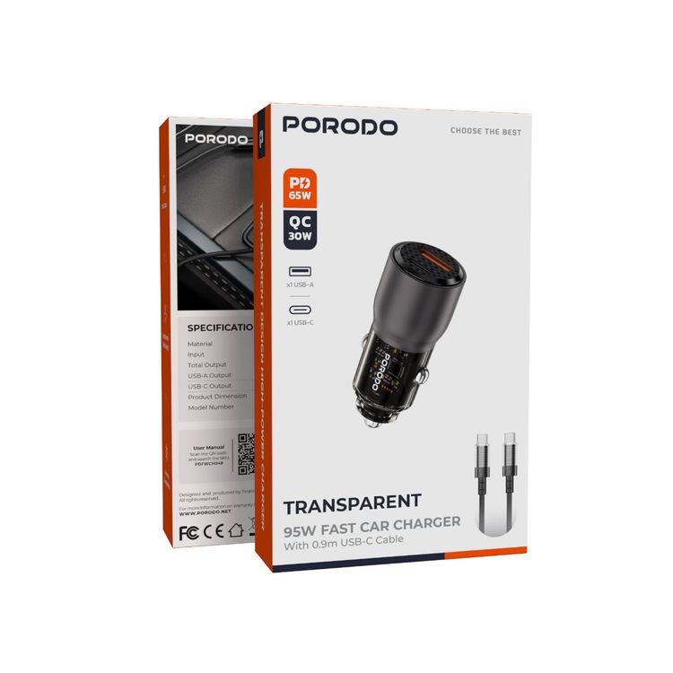  Porodo 95W Transparent Car Charger with 90cm USB-C to USB-C Cable, Zinc Alloy & PC Material, 30W USB-A & 65W USB-C Outputs, Simultaneous Fast Charging, Universal Compatibility - Gray