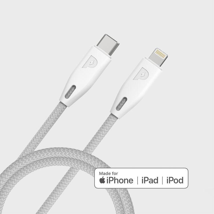 Powerology USB-C to Lightning Braided Cable with 2m Length, Fast Charging & Data Sync, Overheat & Overcurrent Protection, MFI Device Compatible, Fire-Resistant PVC Material - White
