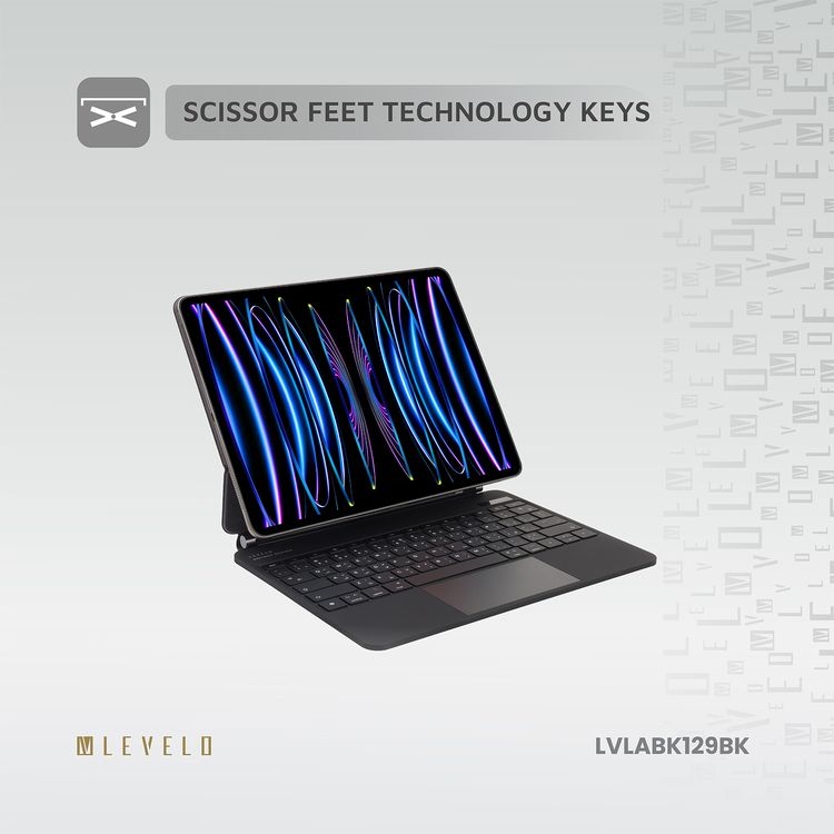 لوحة المفاتيح اللاسلكية Levelo AeroBoard Saffanio Leather لجهاز iPad Pro 11" و iPad Air 11" M3 (2025) مع لوحة تتبع متعددة الإيماءات، 300 ساعة وضع استعداد، زاوية قابلة للتعديل تصل إلى 130 درجة - أسود