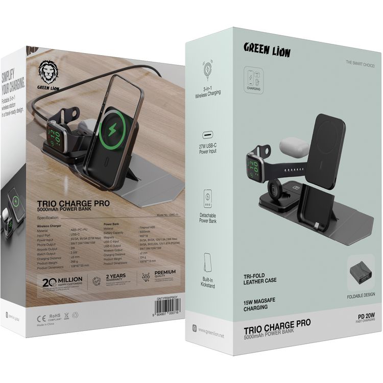 Green Lion Trio Charger Pro 5000mAh Power Bank, PD 20W with 3-in-1 Wireless Charging, Detachable Power Bank, Built-in Kickstand, 27W USB-C Power Input - Gray