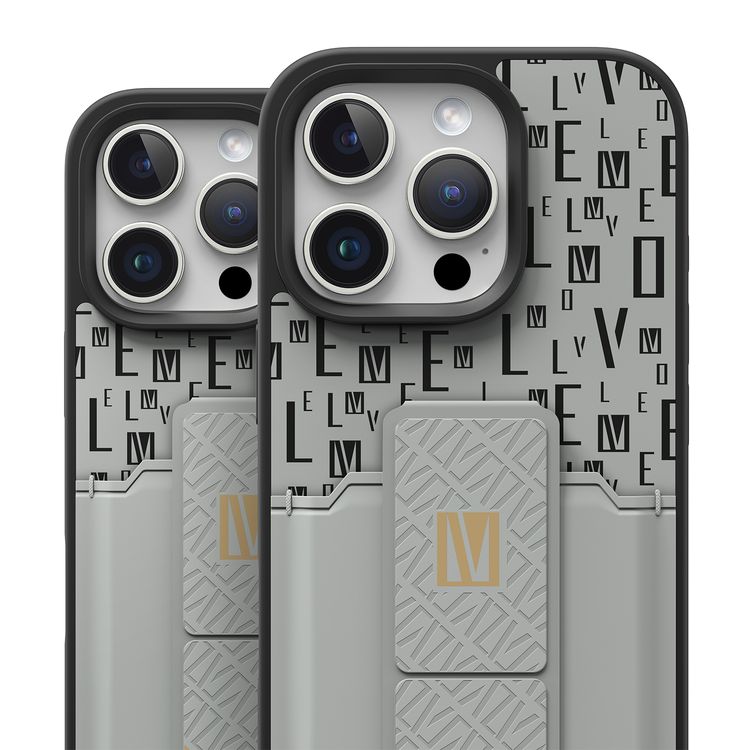 حافظة Levelo Morphix Gripstand مع حامل بطاقات لهاتف iPhone 16 Pro Max، حامل بطاقات مدمج، زوايا مقاومة للصدمات، ملمس نحيف بدون غطاء، حافة كاميرا مرتفعة، مادة فائقة المتانة - رمادي