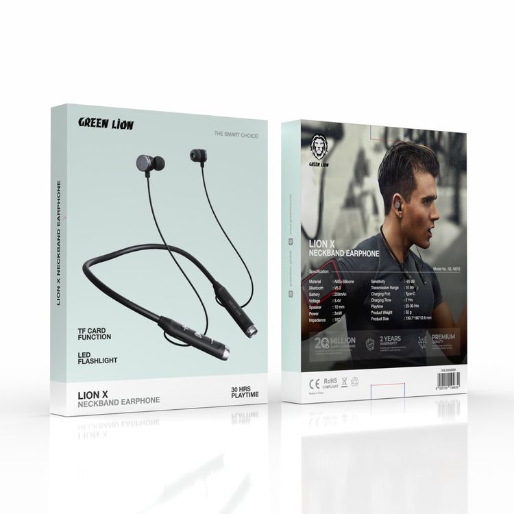 Green Lion Lion X Neckband Earphones with TF Card & Flashlight, Up to 30 Hours Play Time, 2 Hours Charging Time, ABS & Silicone Material, Type-C Charging Port, 200mAh Battery Capacity - Black