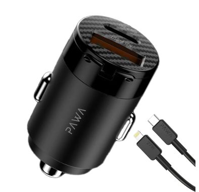 Pawa Supermini Dual Port Car Charger 65W with braided Type-c to Lightning cable - Black