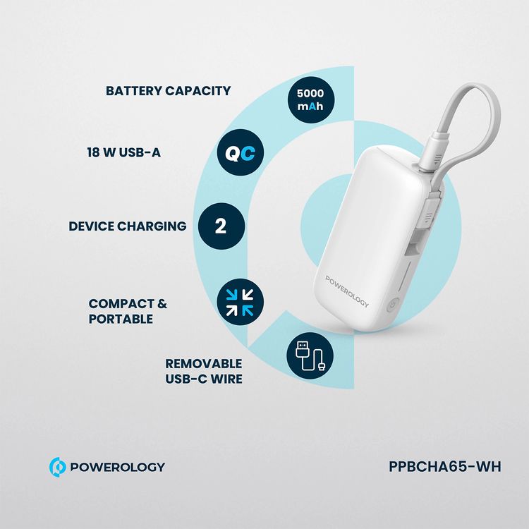 بنك طاقة Powerology بسعة 5000 مللي أمبير في الساعة مع سلك USB-C قابل للإزالة، وتقنية شحن متقدمة، وشحن لجهازين، وصغير الحجم وقابل للحمل، مع حماية مدمجة، وتوصيل طاقة بقوة 20 وات - أبيض