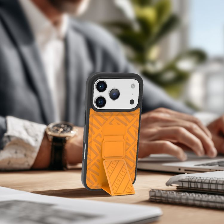 Levelo Morphix Cuero GripStand Case for iPhone 17 Pro Max, Raised Bezels for Camera & Screen, Shock-Resistant Bumper, Secure Hold, Horizontal & Vertical Viewing - Sunrise Orange