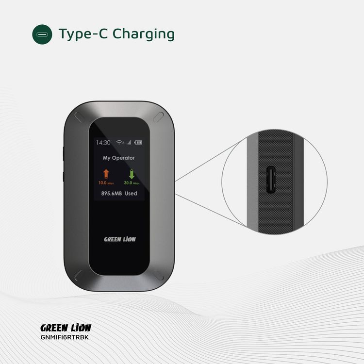 Green Lion Portable Mifi Router with WiFi6 High-Speed or USB Connectivity, 4G LTE & 3G Bands, Nano Sim Card, 3000mAh Battery Capacity, Up to 10 Devices Connectivity, Linux OS, 12 Hours Working Time, Automatic Configuration, Secure Encryption, Universal Compatibility, TFT HD Display - Black