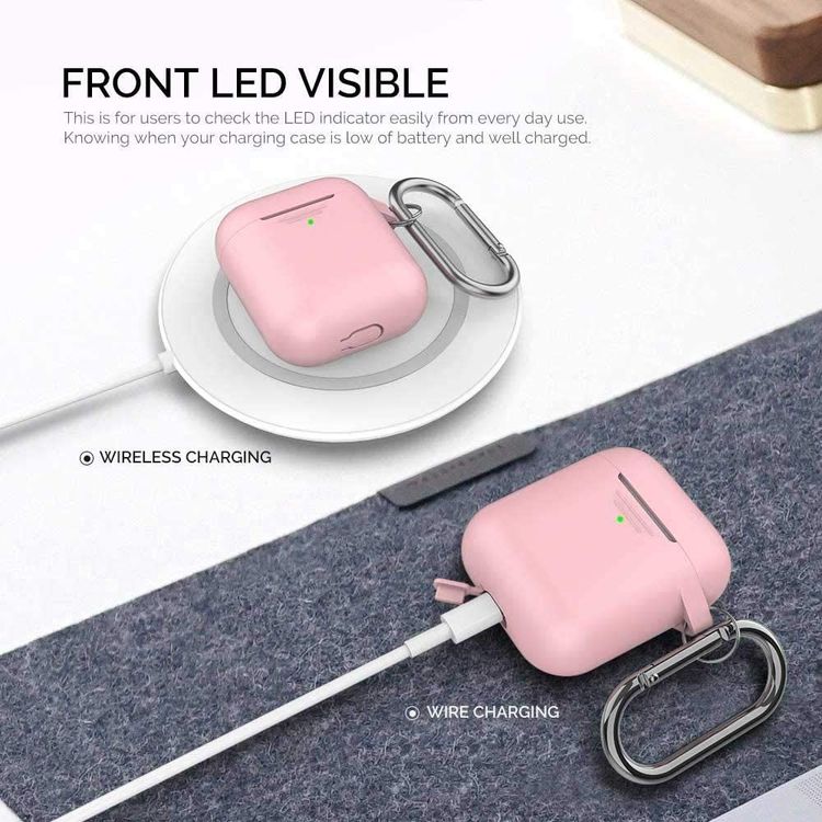 AhaStyle Keychain Silicone Case with Anti-Lost Ring for AirPods 1/2 Generation, Drop Resistant, Dustproof and Absorbing Protective Cover with Hang Case Pink