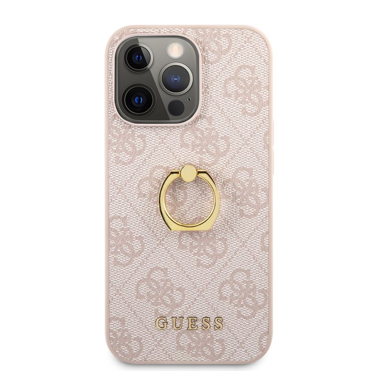 CG MOBILE Guess PU Leather 4G Case with 360° Rotating Ring Grip Holder Stand Compatible for iPhone 13 Pro (6.1") Suitable with Wireless Charging Officially Licensed - Pink
