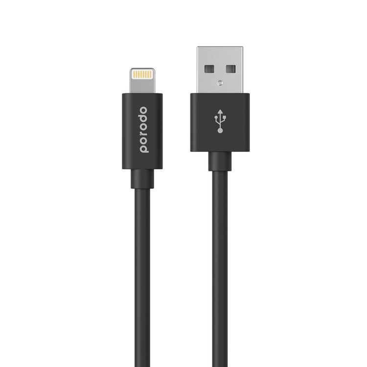 Porodo PVC USB-A to Lightning Cable with 2.4A Current, 1.2m Cable Length, Fire-Resistant Material, Fast Charge & Data Sync, Overheat & Overcurrent Protection - Black