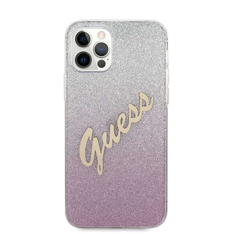 CG MOBILE Guess HC PC/TPU Script Glitter Back Shield Hard Phone Case Compatible for Apple iPhone 12 Pro Max (6.7") Shock-Absorption Mobile Case Officially Licensed - Gradient Pink
