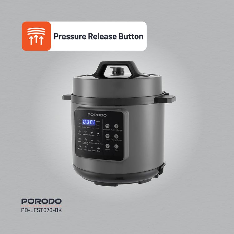 Porodo 1300W Multi-Cuisine Pressure Cooker with 6L Capacity & LED Display, One-Pot Meals, 12 Preset Functions, Pressure Release Button, One-Touch Control, Auto Pilot Cooking, Customizable Cooking Programs - Black