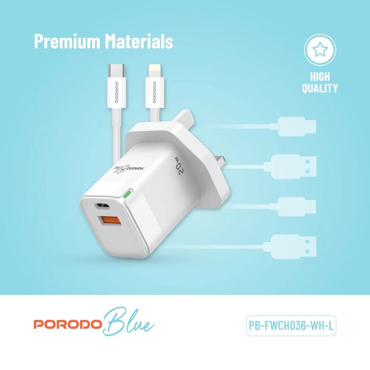 Porodo Blue Ultra-Quick Charger with 1m USB-C to Lightning Cable, USB-A & USB-C, 20W, 3A Output Current, 5V Output Voltage, Multi-Device Charging, Fast Charge Support - White