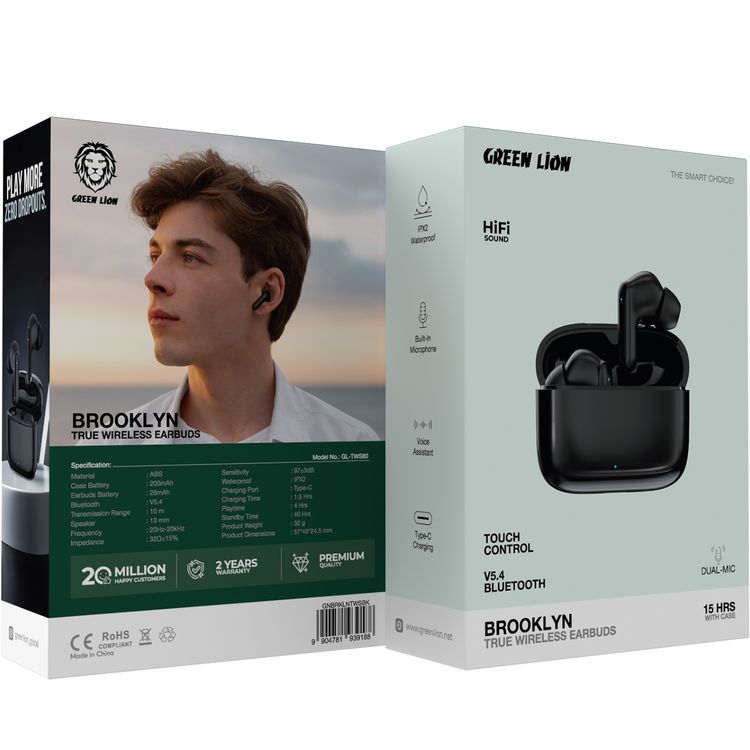 Green Lion Brooklyn True Wireless Earbuds with Voice Assistant, 4 Hours Playtime, Built-in Microphone, HiFi Sound, Touch Control, Dual-Mic - Black