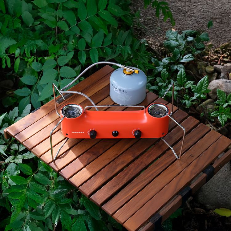 Porodo Dual Burner Camping Gas Stove with Independent Flame Control, Stable Pot Support, Low Fuel Consumption, Instant Pulse Ignition, 3.65kW per Burner Rated Output, 266g/h per Burner Gas Consumption, Butane Gas Fuel Type - Orange
