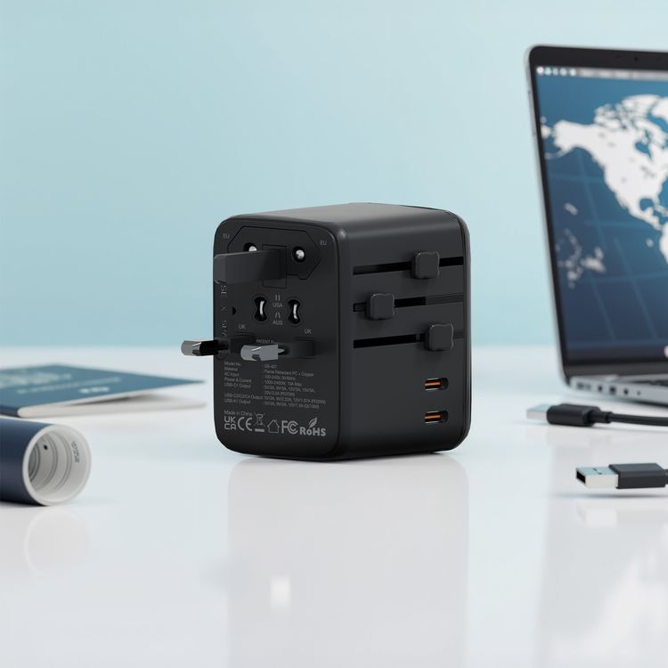 Green Lion Companion 70 Universal Travel Adapter, 1000-2400W Power, PC Flame Retardant Material, Slide-Switch Plugs, 6-Device Charging, 70W Power Delivery - Black