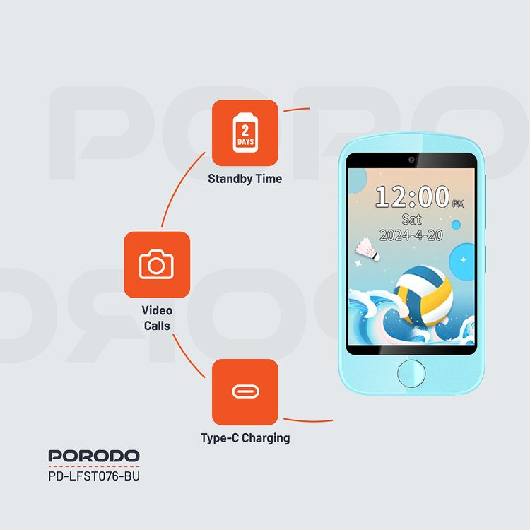 Porodo Kids 4G Smart Phone, 700mAh Battery Capacity, 24 Hours Normal Usage, 48 Hours Standby Time, SOS Calling, 2.8" Screen Size - Blue