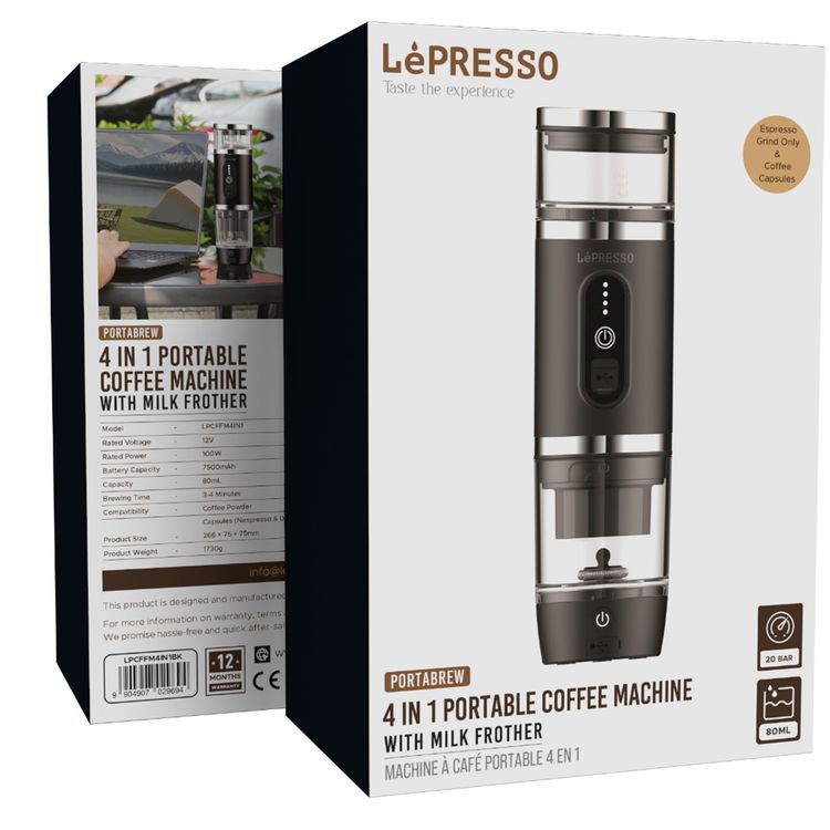 LePresso 4-in-1 Portable Coffee Machine with Milk Frother, 80mL Capacity, 20BAR Pressure, 2500mAh Battery Capacity, 100W Power, Compatible with Coffee Powder & Capsules, 3-4 Minutes Brewing Time - Black