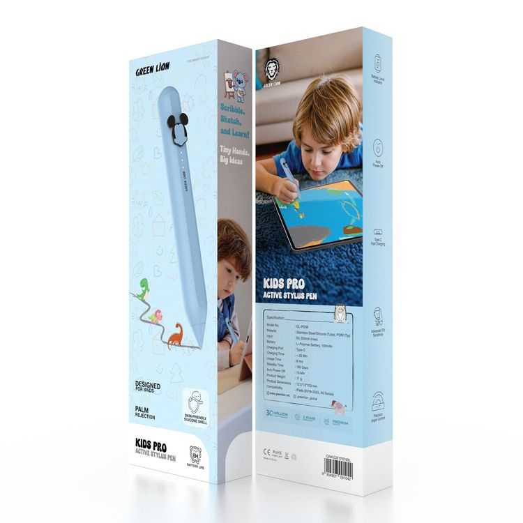 Green Lion Kids Pro Active Stylus Pen with Battery Level Indicator, USB-C Charging Port, Up to 8 Hours Usage Time, Advanced Tilt Sensitivity, Palm Rejection, 100mAh Battery, Auto Power-Off Function - Blue