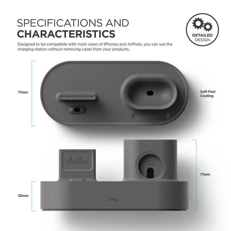 Elago 3 in 1 Silicone Charging Hub Case, Charging Dock Cover with Cable Management Compatible for All Apple Watch Series, AirPods 1 & 2, and iPhone X, XS, XS Max, XR - Dark Gray