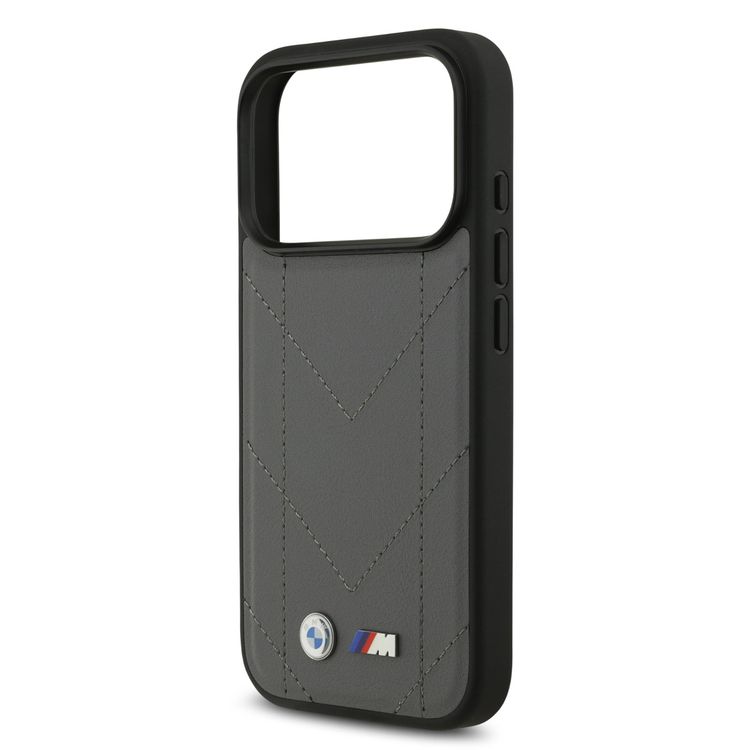 BMW MagSafe PU Quilted Leather Case with Metal Logos for iPhone 17 Pro, Slim Profile, Easy Snap-On Design, Sustainable Packaging, Drop Protection - Gray