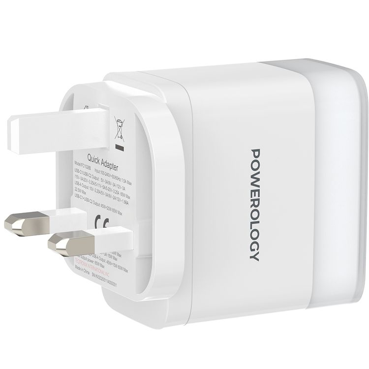 Powerology Lunex Series 3-Port Fast Charging Adapter with UK 3-Pin Power Plug, 65W PD USB-C Output, 22.5W QC USB-A Output, Multi-Device Charging, Powerful Laptop Charging, Universal Protocol Support - White
