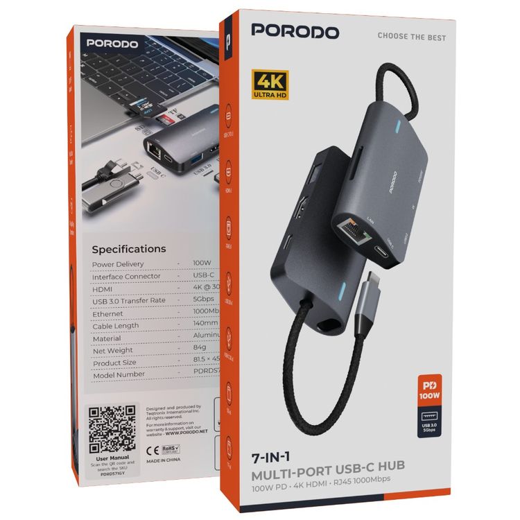 Porodo 7-in-1 Multi-Port USB-C Hub with USB-C, HDMI, RJ45, USB 3.0, USB-C 3.0, SD & TF Ports, 140mm Cable Length, 100W Power Delivery, Fast Data Transfer, Plug & Play Design - Gray