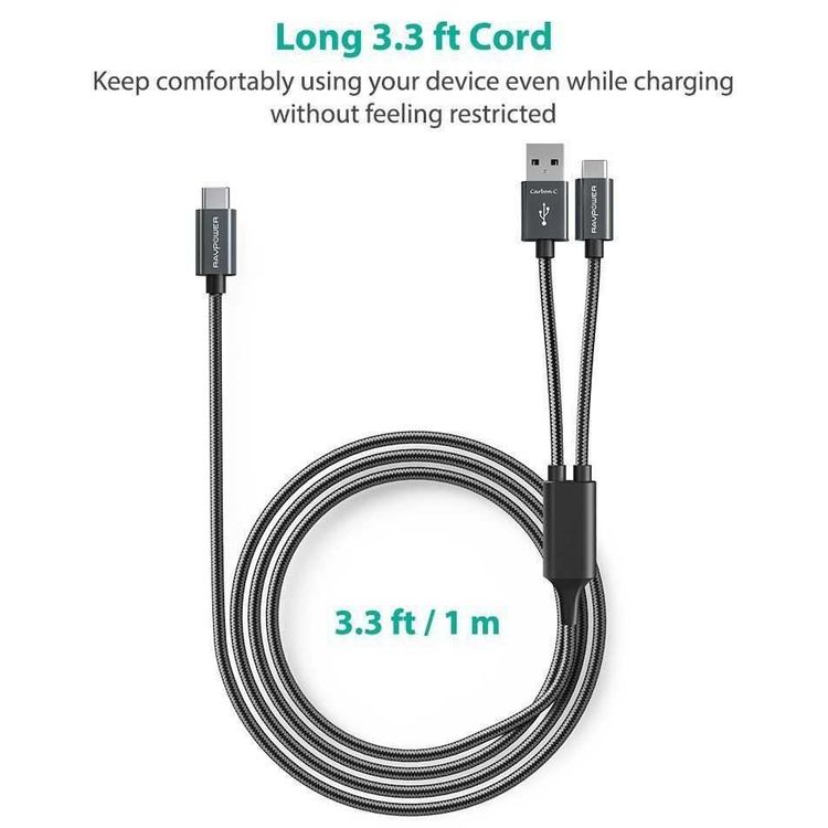 RAVPower 2 in 1 Nylon Braided Type-C Cable 3.3ft Compatible for Android Type-C Devices - Durable Aluminum Build Connector - Fast Charging Cord with Overvoltage Protection - Gray
