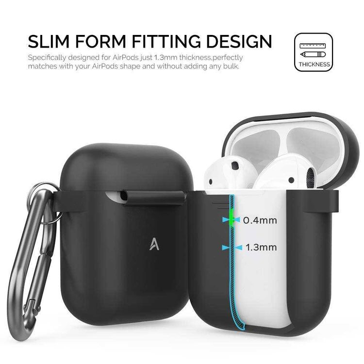 AhaStyle Keychain Silicone Case with Anti-Lost Ring Compatible for AirPods 1/2 Generation, Scratch Resistant, Drop Resistant, Dustproof and Absorbing Protective Cover with Hang Case - Black